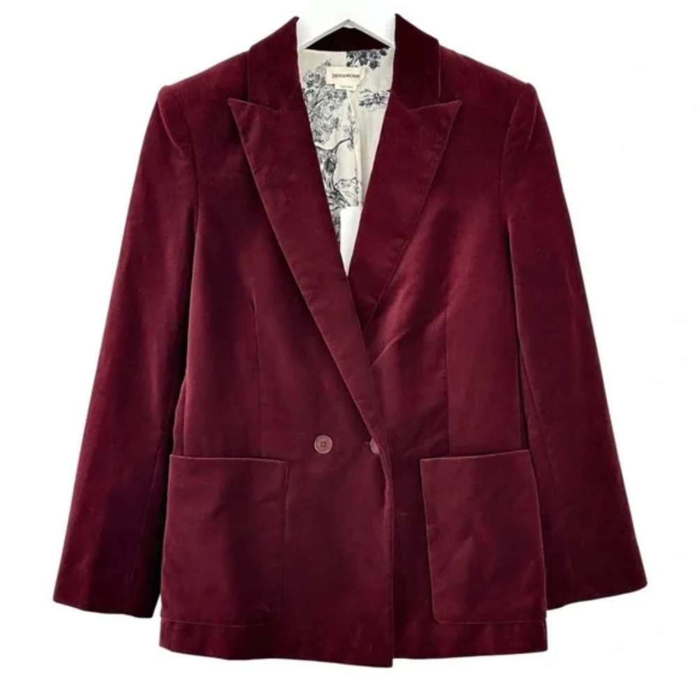 NWT Zadig & Voltaire Visko Burgundy Red Velvet Double Breasted Blazer Jacket